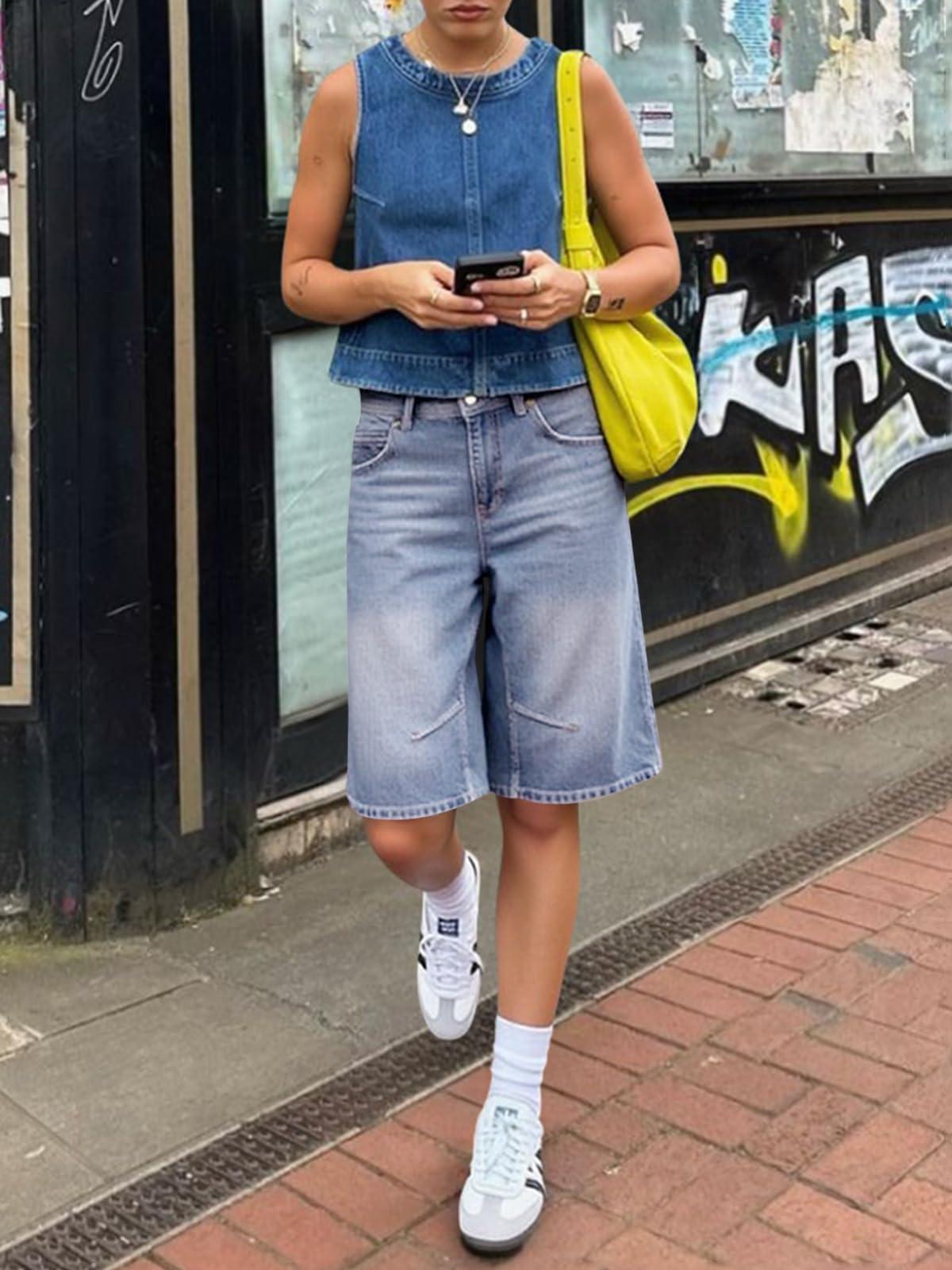 Imily Bela Womens Summer Wide Leg Denim Shorts Casual Loose Mid Rise Jorts Bermuda Knee Length Jeans Shorts