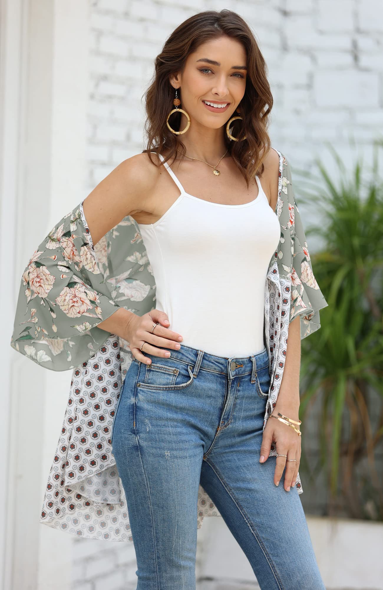 Imily Bela Women Floral Kimono Cardigans 3/4 Ruffle Sleeve Lightweight Patchwork Flowy Boho Tie Loose Cover Ups