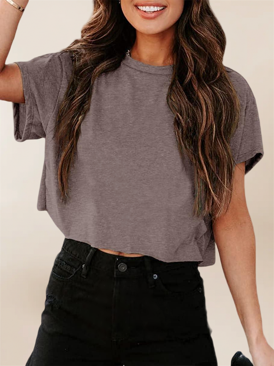 Imily Bela Women Short Sleeve Cropped T-Shirts Crew Neck Loose Crop Tops Summer Casual Drop Shoulder Basic Tees