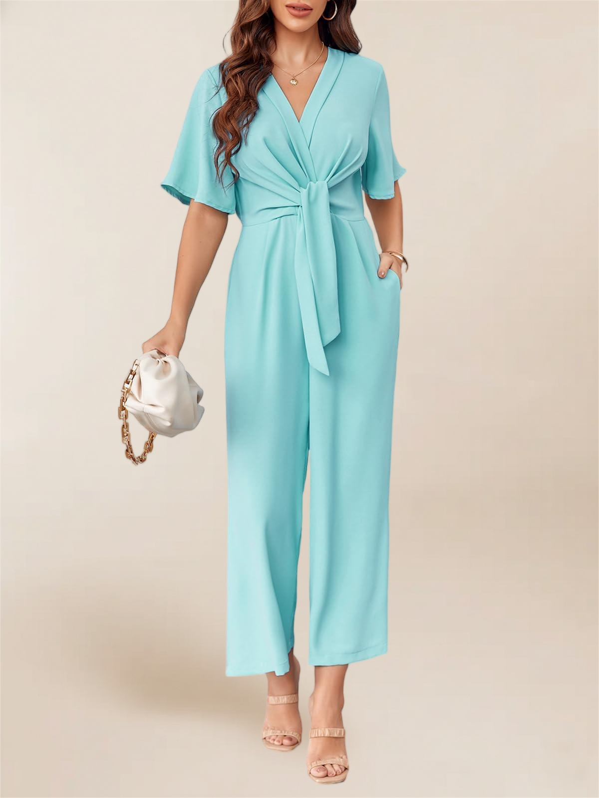 Imily Bela Women's Elegant V Neck Jumpsuits Dressy Casual Short Sleeve Wide Leg Long Pants Rompers