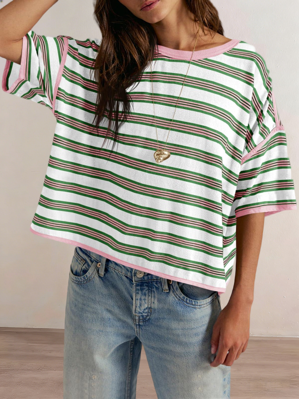 Imily Bela Womens Oversized Striped T-Shirts Summer Casual Color Block Short Sleeve Tops Drop Shoulder Boxy Tees