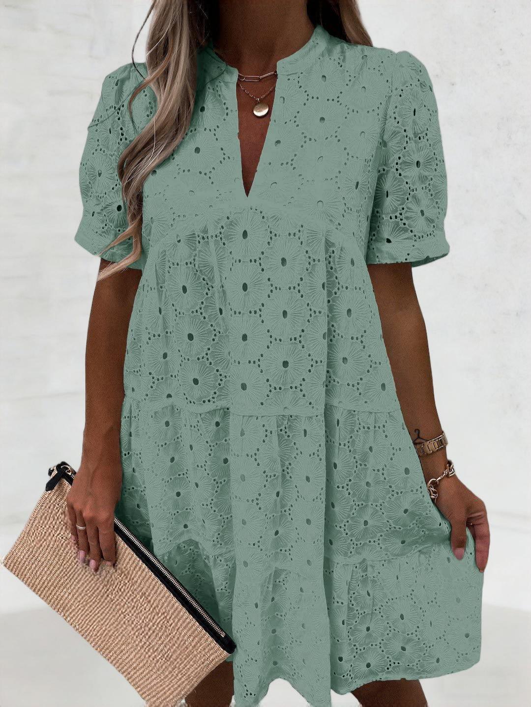 Imily Bela Womens Summer Lace Dresses Eyelet Casual Flowy Babydoll Swing Short Sleeve V Neck Tunic Dress