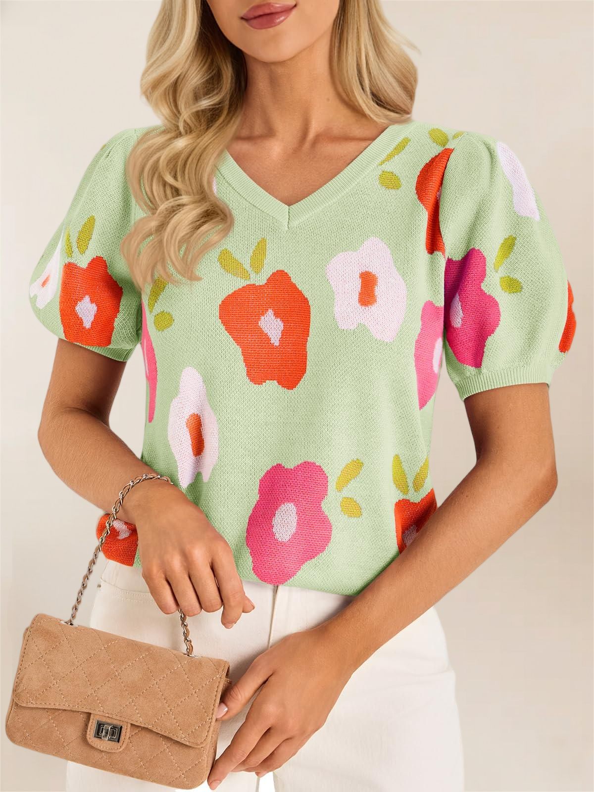 Imily Bela Womens Puff Short Sleeve Sweater Tops 2026 Spring Summer Floral Pullover V Neck Casual Knit T Shirts