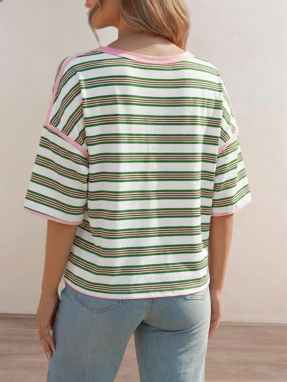 Imily Bela Womens Oversized Striped T-Shirts Summer Casual Color Block Short Sleeve Tops Drop Shoulder Boxy Tees