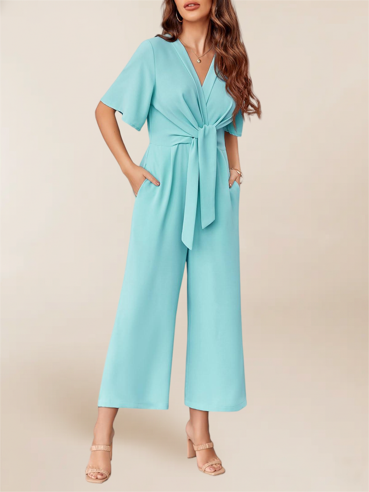 Imily Bela Women's Elegant V Neck Jumpsuits Dressy Casual Short Sleeve Wide Leg Long Pants Rompers
