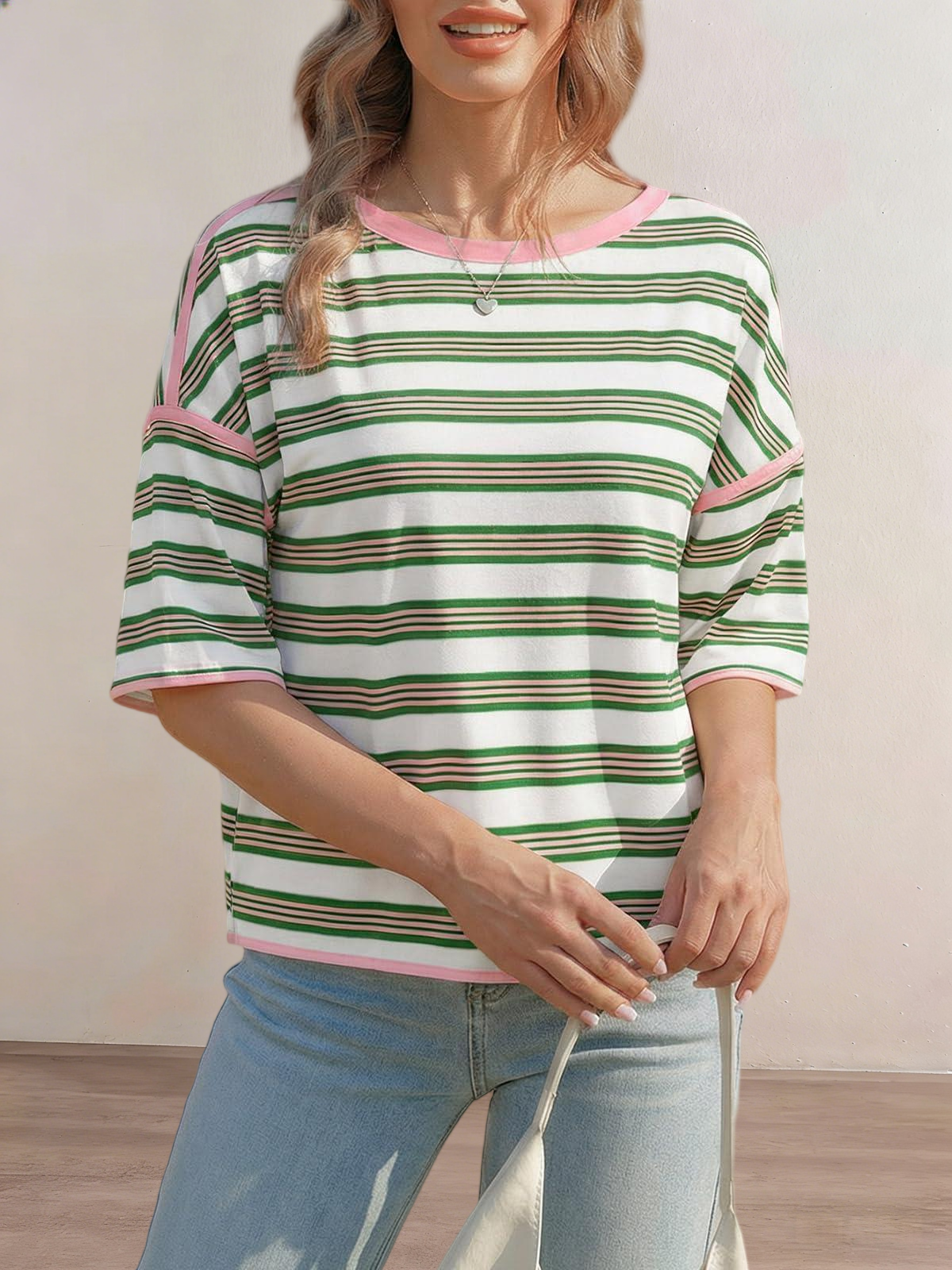 Imily Bela Womens Oversized Striped T-Shirts Summer Casual Color Block Short Sleeve Tops Drop Shoulder Boxy Tees