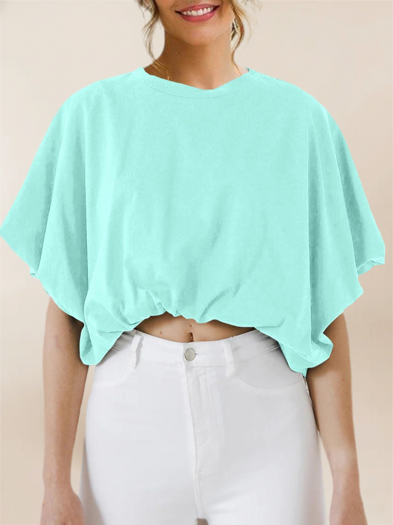 Imily Bela Womens Summer Crewneck Crop Tops Short Sleeve Casual Loose Cropped T Shirts
