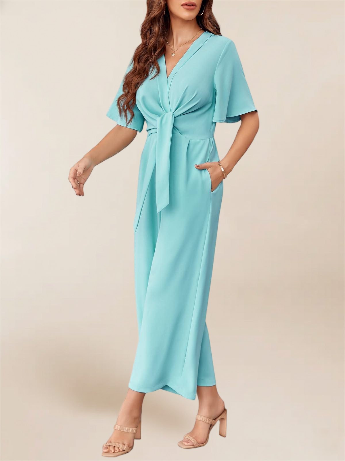 Imily Bela Women's Elegant V Neck Jumpsuits Dressy Casual Short Sleeve Wide Leg Long Pants Rompers