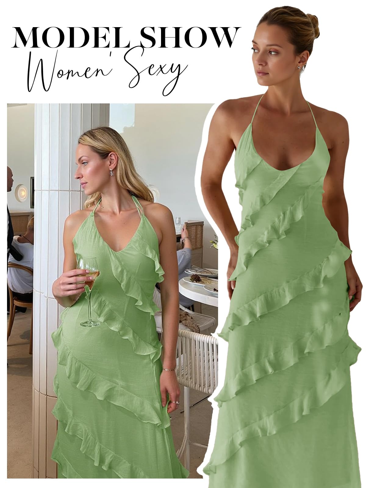 Imiy Bela Womens Sexy Chiffon Halter Maxi Dress Sleeveless Backless Ruffle Tassel Party Club Dresses