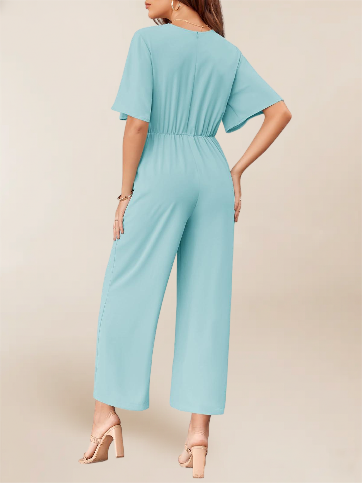 Imily Bela Women's Elegant V Neck Jumpsuits Dressy Casual Short Sleeve Wide Leg Long Pants Rompers