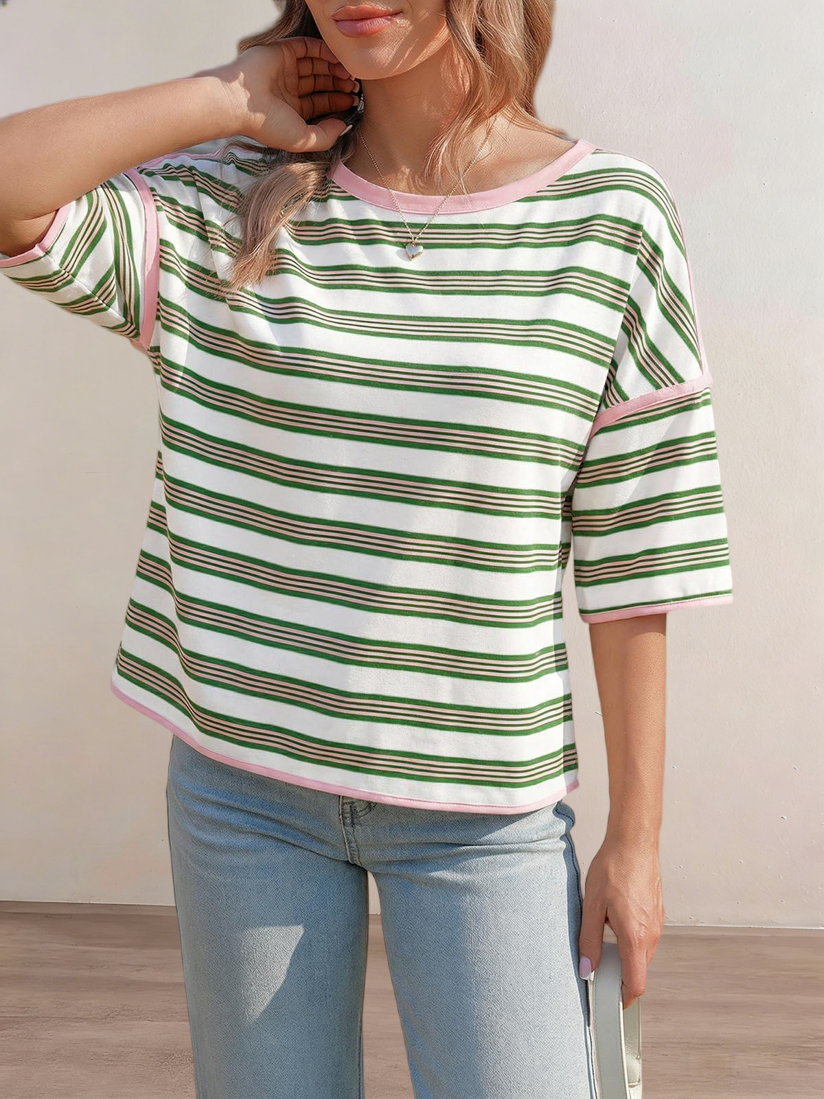 Imily Bela Womens Oversized Striped T-Shirts Summer Casual Color Block Short Sleeve Tops Drop Shoulder Boxy Tees
