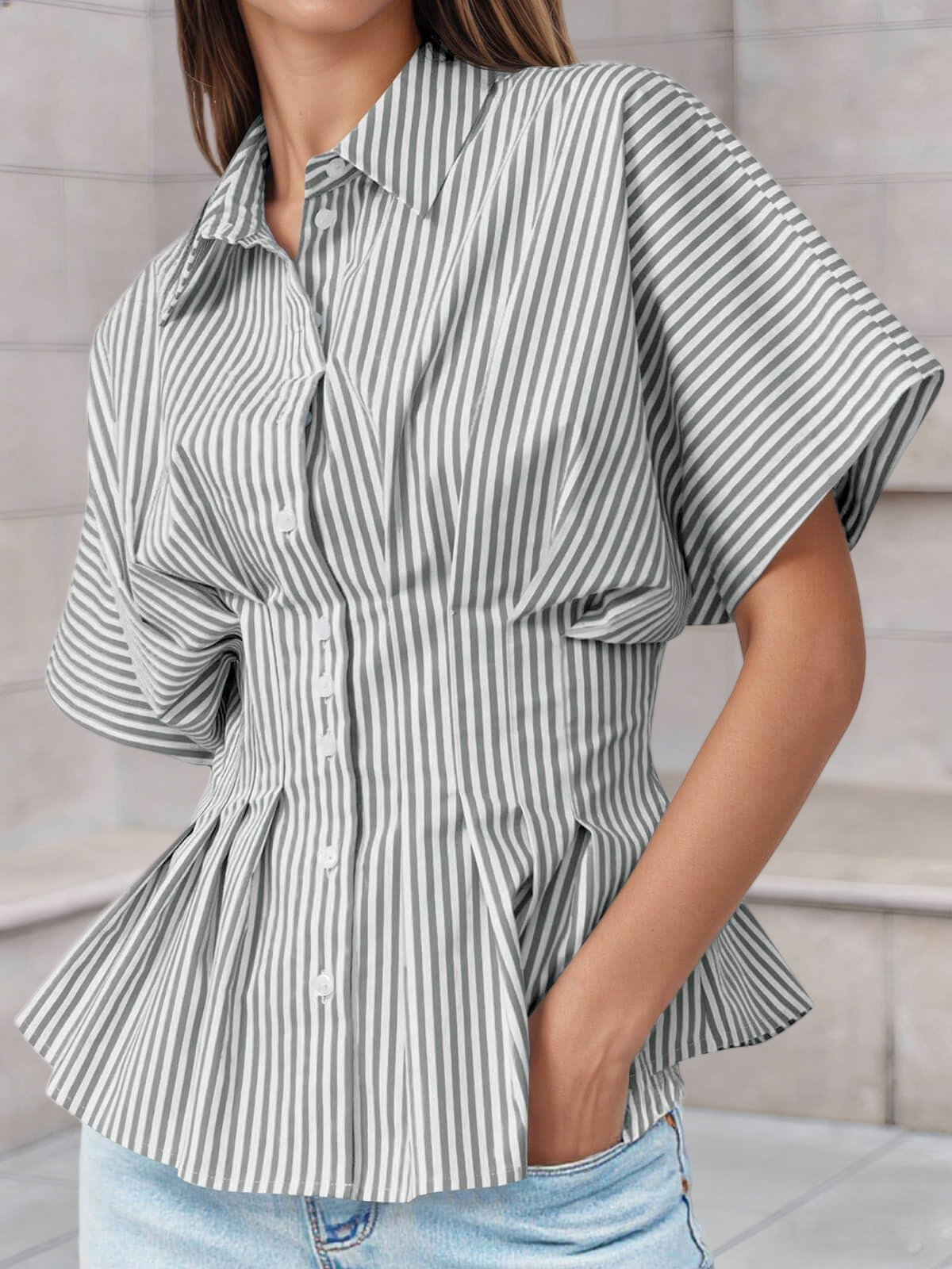 Imily Bela Womens Striped Peplum Button Down Shirts Short Sleeve Pleated Tops Summer Business Casual Blouses