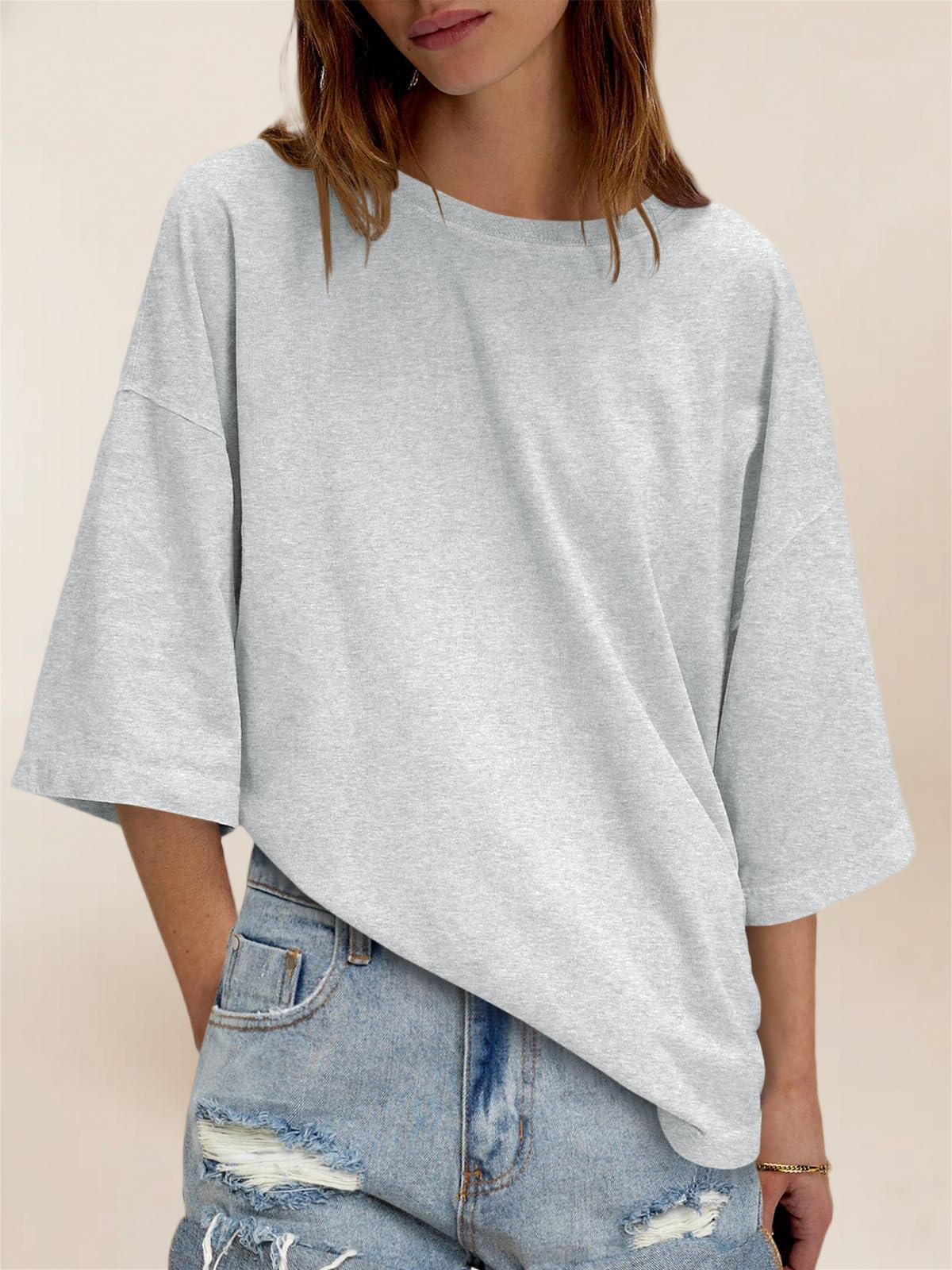 Imily Bela Womens Oversized Half Sleeve T-Shirts Summer Casual Crew Neck Tunic Tops Loose Fit Boxy Basic Tees