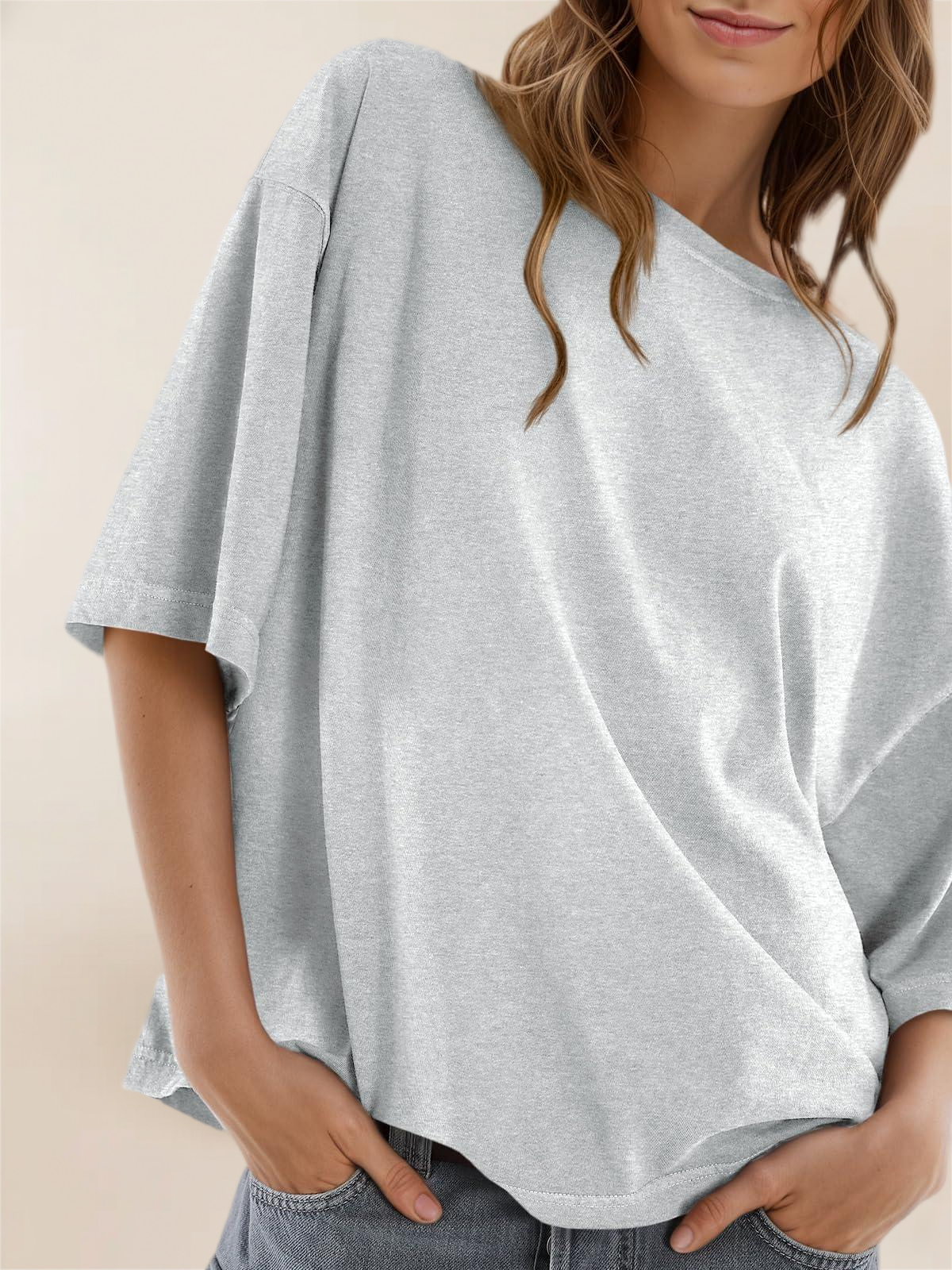 Imily Bela Womens Oversized Half Sleeve T-Shirts Summer Casual Crew Neck Tunic Tops Loose Fit Boxy Basic Tees