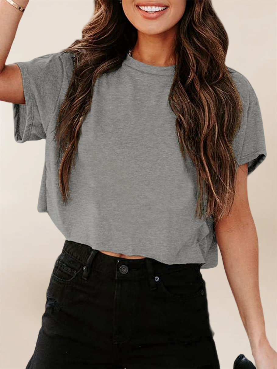 Imily Bela Women Short Sleeve Cropped T-Shirts Crew Neck Loose Crop Tops Summer Casual Drop Shoulder Basic Tees