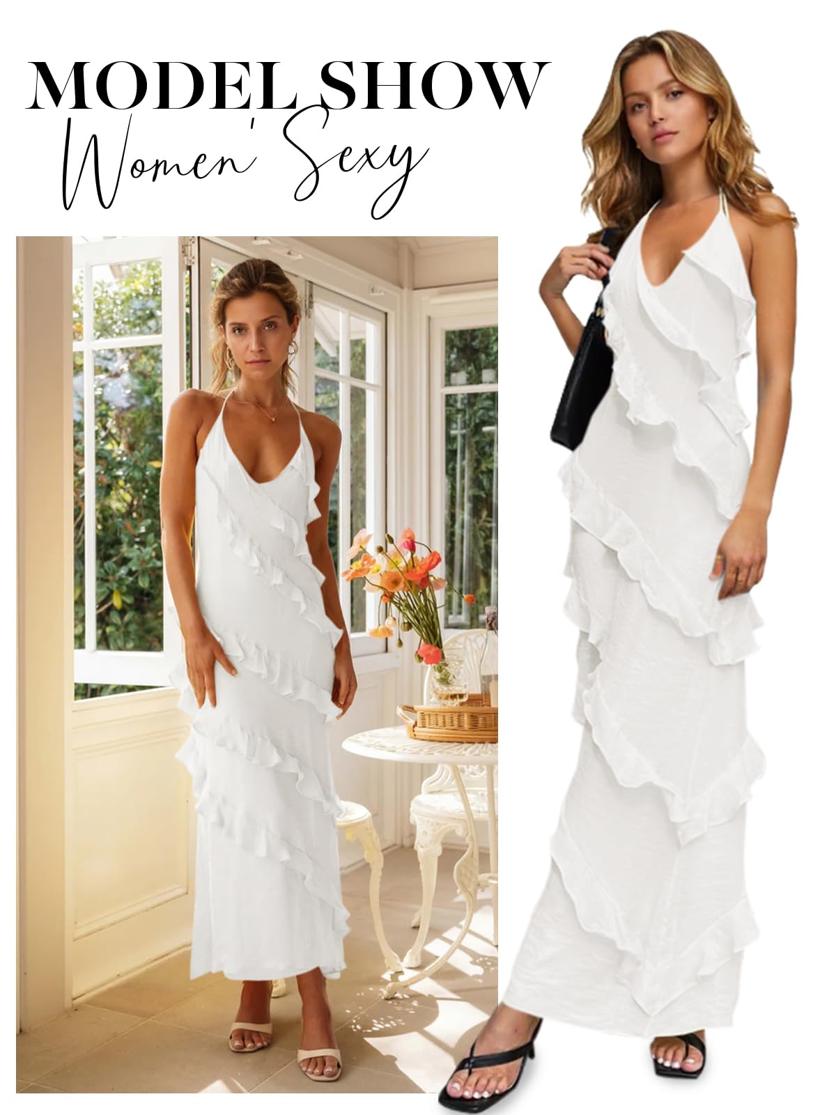 Imiy Bela Womens Sexy Chiffon Halter Maxi Dress Sleeveless Backless Ruffle Tassel Party Club Dresses