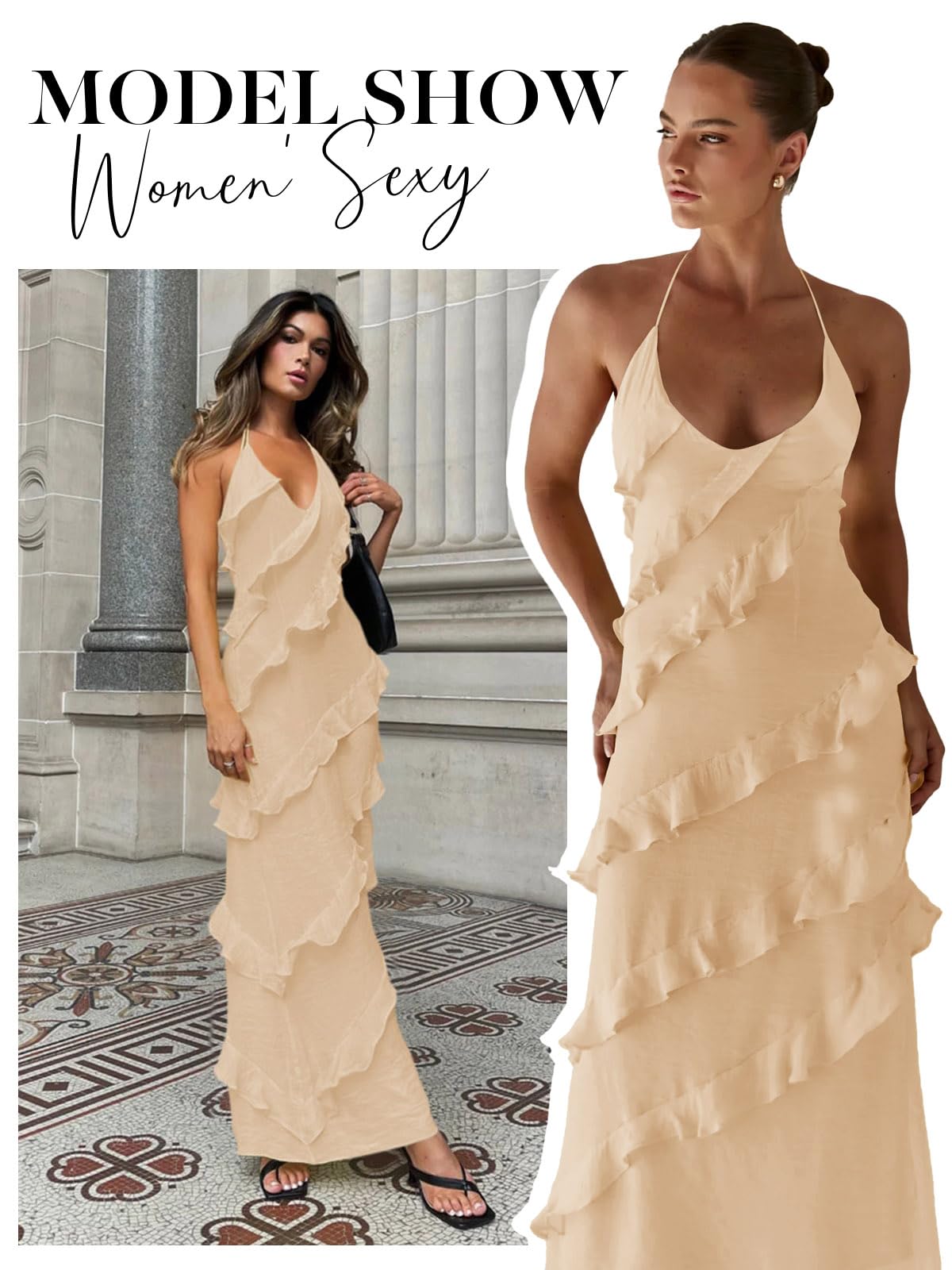 Imiy Bela Womens Sexy Chiffon Halter Maxi Dress Sleeveless Backless Ruffle Tassel Party Club Dresses