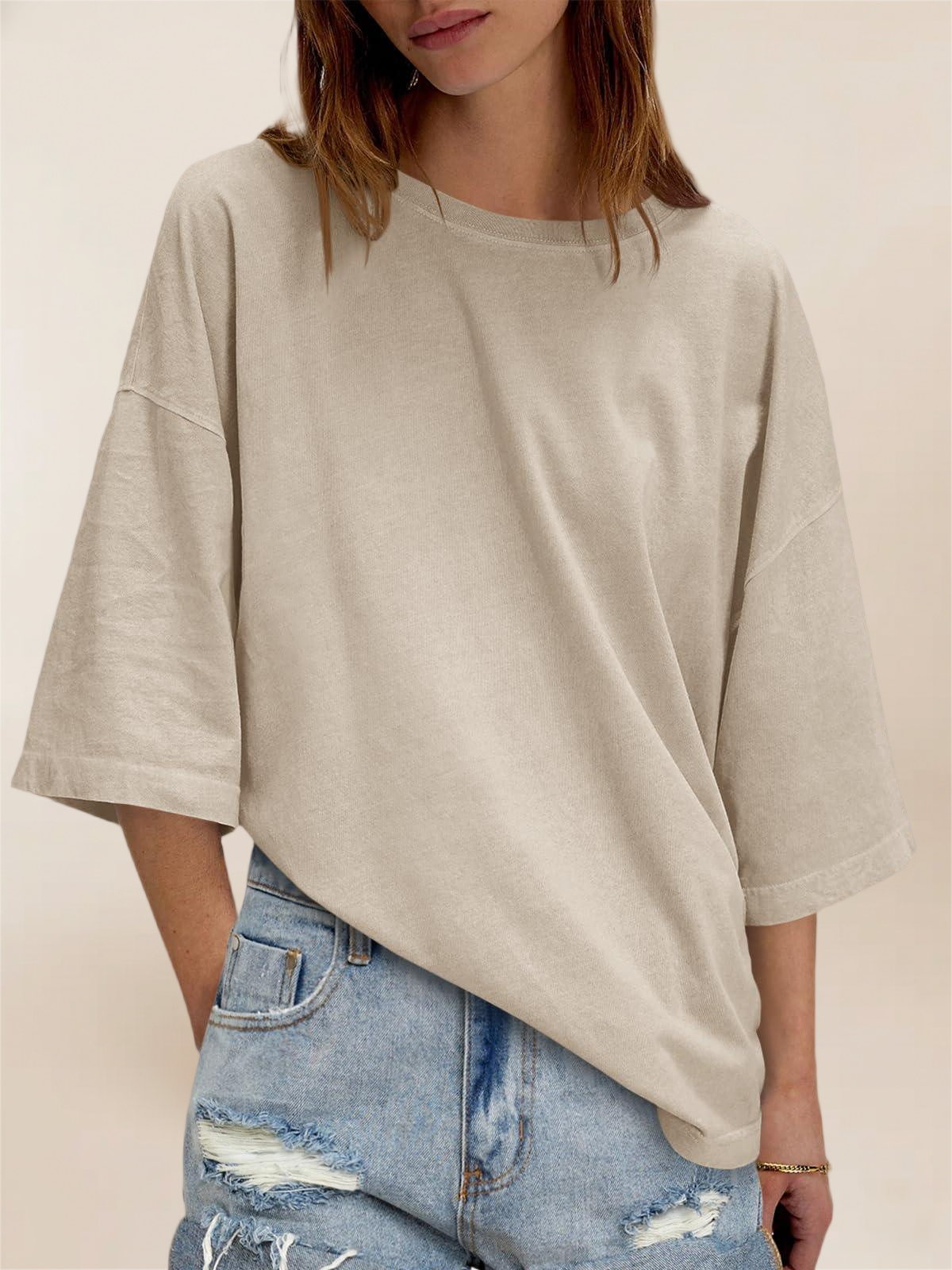 Imily Bela Womens Oversized Half Sleeve T-Shirts Summer Casual Crew Neck Tunic Tops Loose Fit Boxy Basic Tees