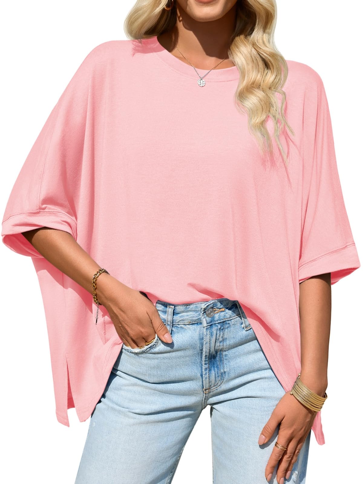 Imily Bela Womens Oversized Tshirts Batwing Short Sleeve Asymmetric Hem Tops Summer Casual Loose Fit Tunic Tee Shirts