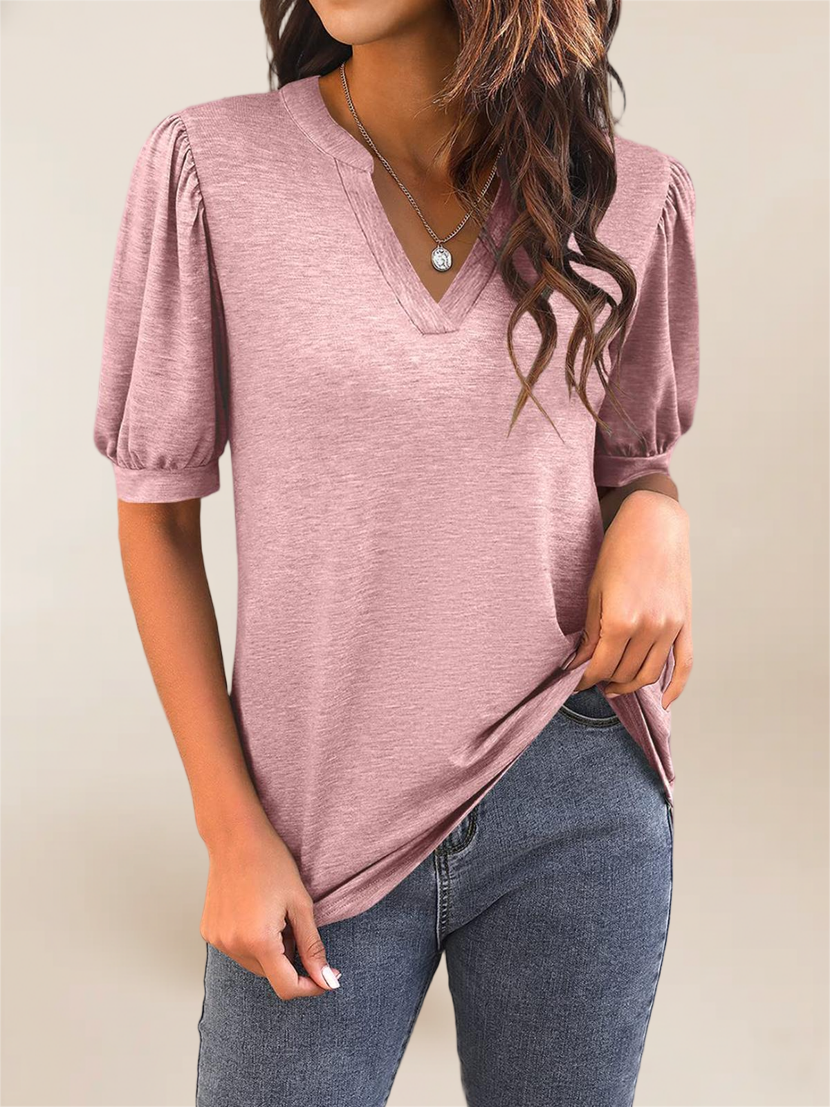 Imily Bela Womens V Neck T Shirts Casual Puff Sleeve Loose Dressy Blouses Summer Tops