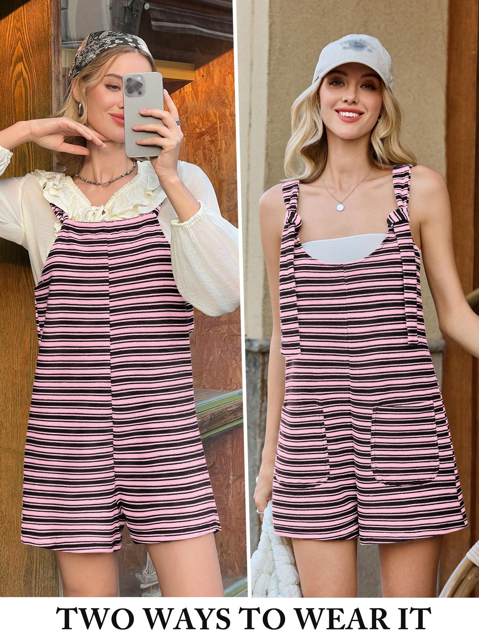 Imily Bela Womens Summer Casual Sleeveless Romper Loose Striped Tied Shorts Overalls Jumpsuit with Pockets