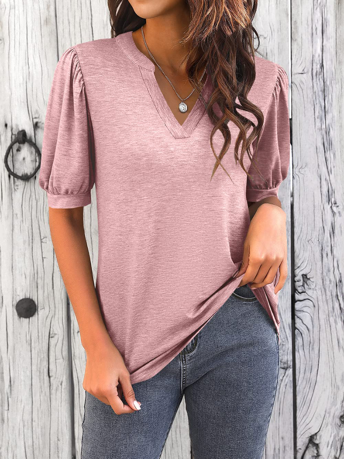 Imily Bela Womens V Neck T Shirts Casual Puff Sleeve Loose Dressy Blouses Summer Tops