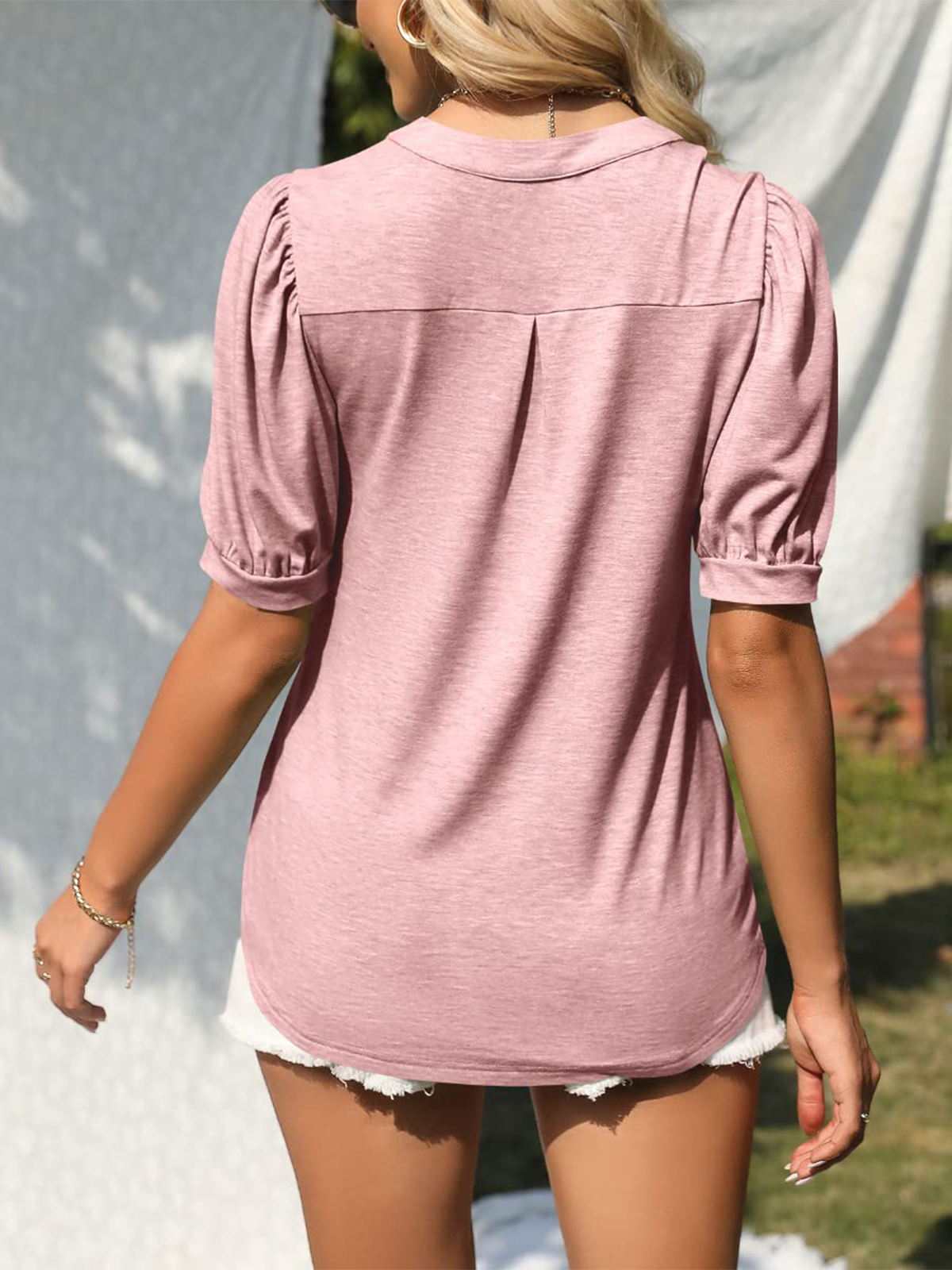 Imily Bela Womens V Neck T Shirts Casual Puff Sleeve Loose Dressy Blouses Summer Tops