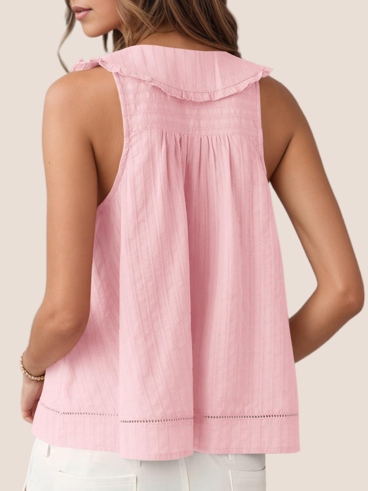 Imily Bela Womens Peter Pan Collar Shirt Summer Casual Sleeveless Button Down Tops Loose Fit Eyelet Hem Vest