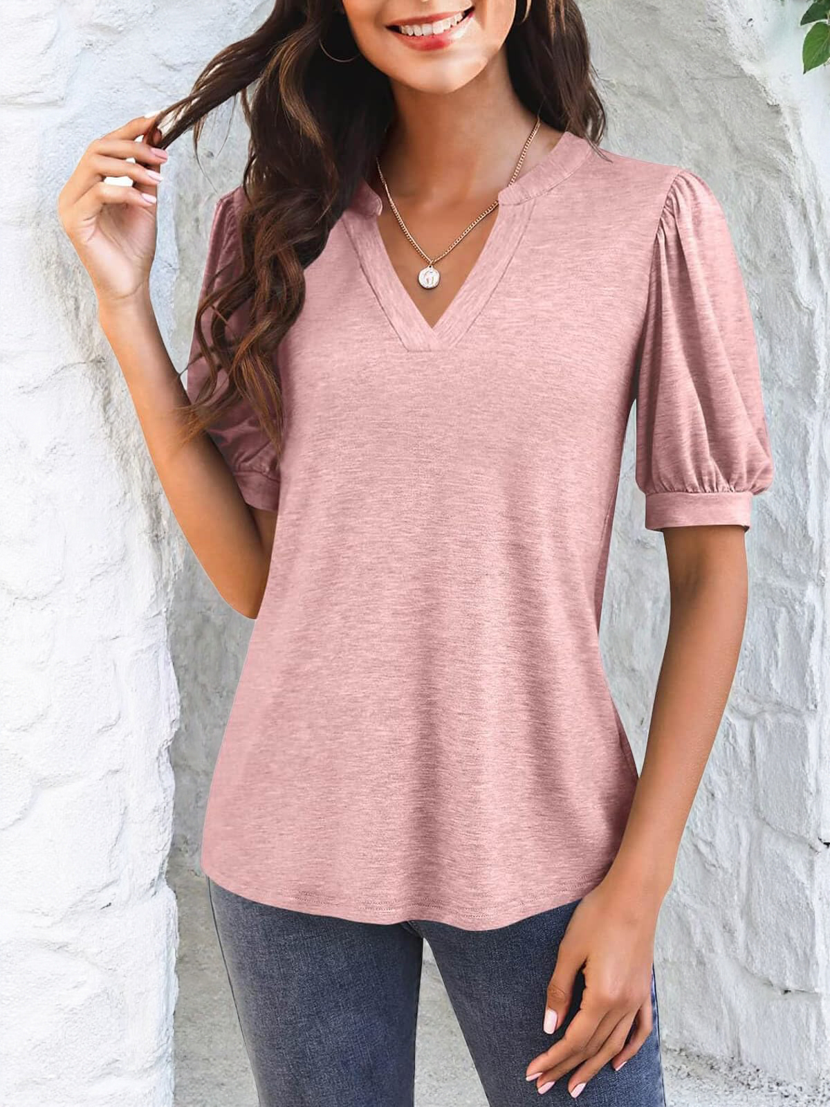 Imily Bela Womens V Neck T Shirts Casual Puff Sleeve Loose Dressy Blouses Summer Tops