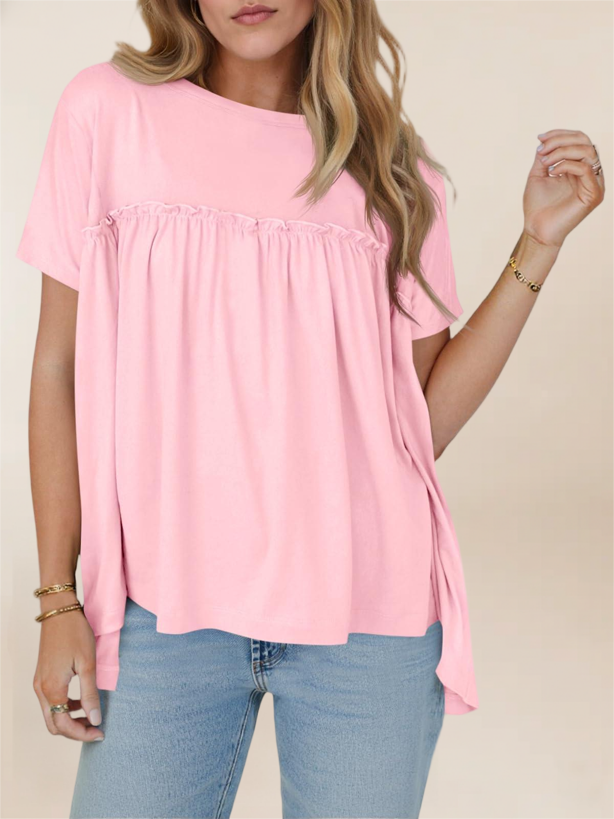 Imily Bela Women Summer Babydoll Tops Pleated Short Sleeve Crew Neck Peplum Blouse Casual Loose Fit T Shirts