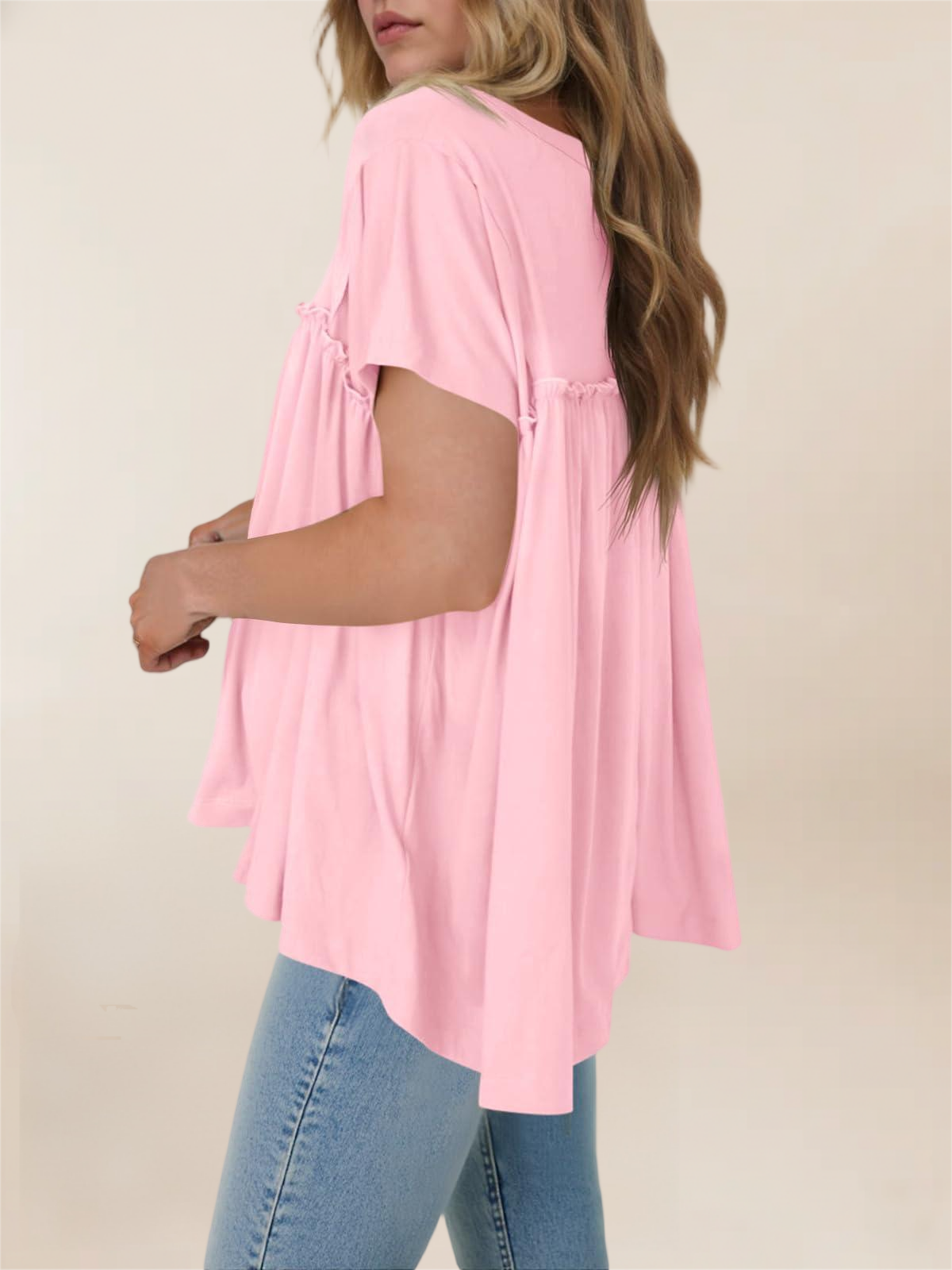 Imily Bela Women Summer Babydoll Tops Pleated Short Sleeve Crew Neck Peplum Blouse Casual Loose Fit T Shirts