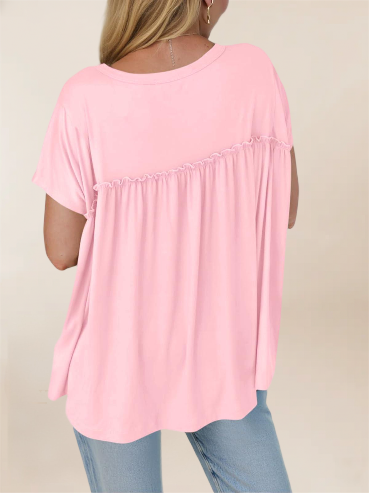 Imily Bela Women Summer Babydoll Tops Pleated Short Sleeve Crew Neck Peplum Blouse Casual Loose Fit T Shirts