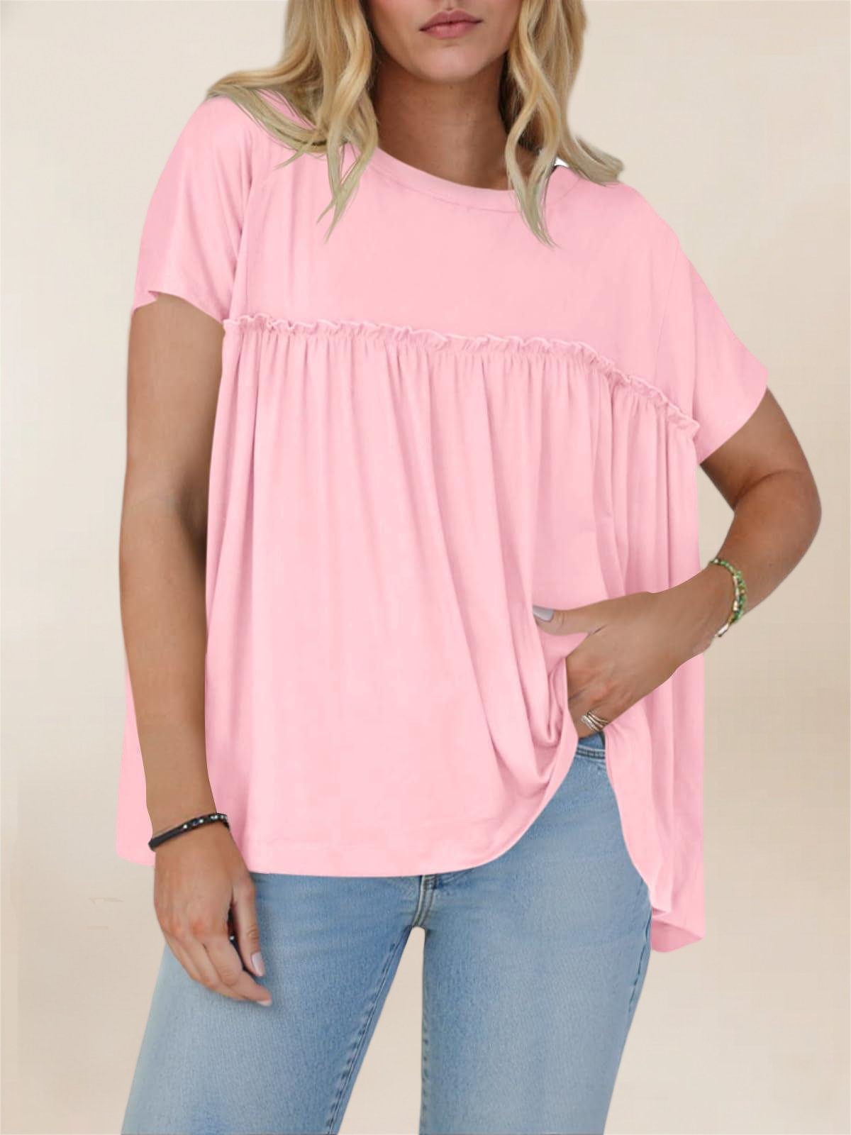 Imily Bela Women Summer Babydoll Tops Pleated Short Sleeve Crew Neck Peplum Blouse Casual Loose Fit T Shirts