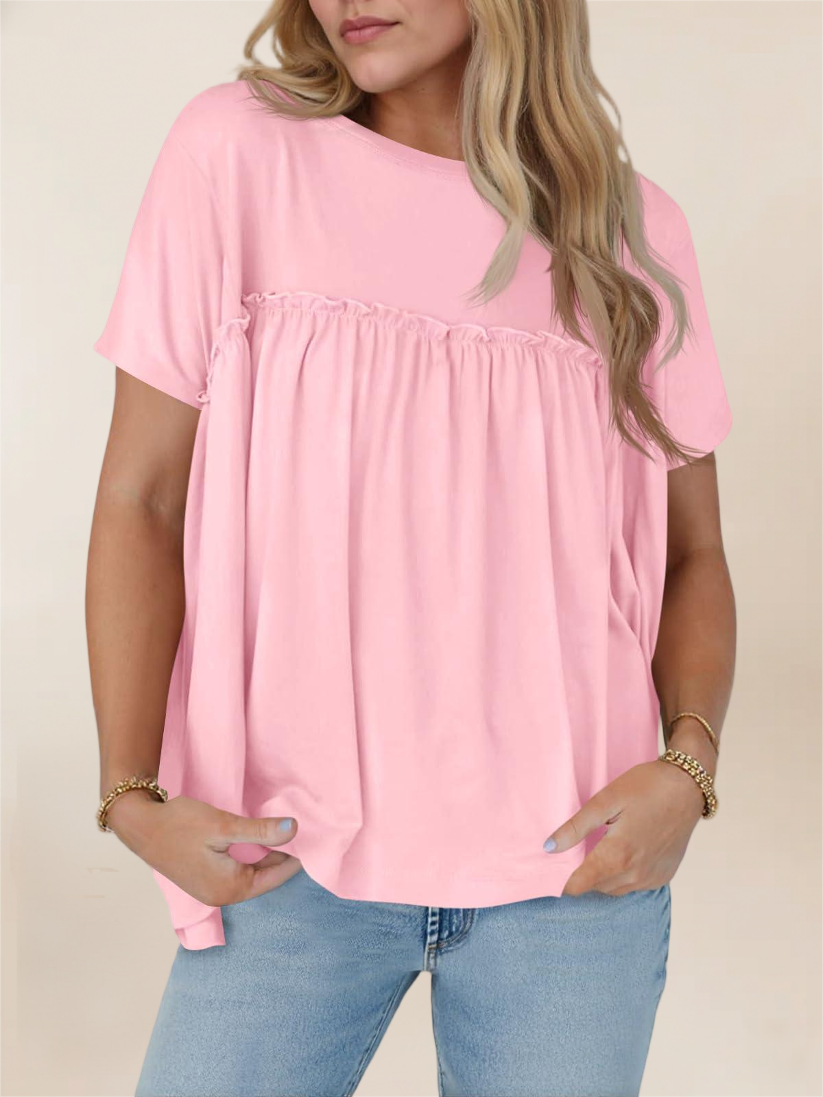 Imily Bela Women Summer Babydoll Tops Pleated Short Sleeve Crew Neck Peplum Blouse Casual Loose Fit T Shirts
