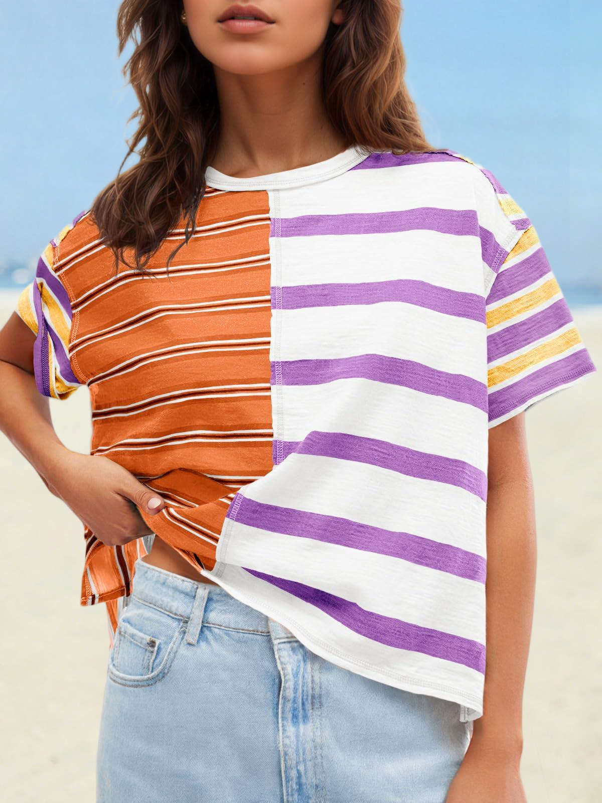 Imily Bela Womens Summer Striped Shirts Casual Color Block Short Sleeve Tops Loose Fit Crew Neck Tees