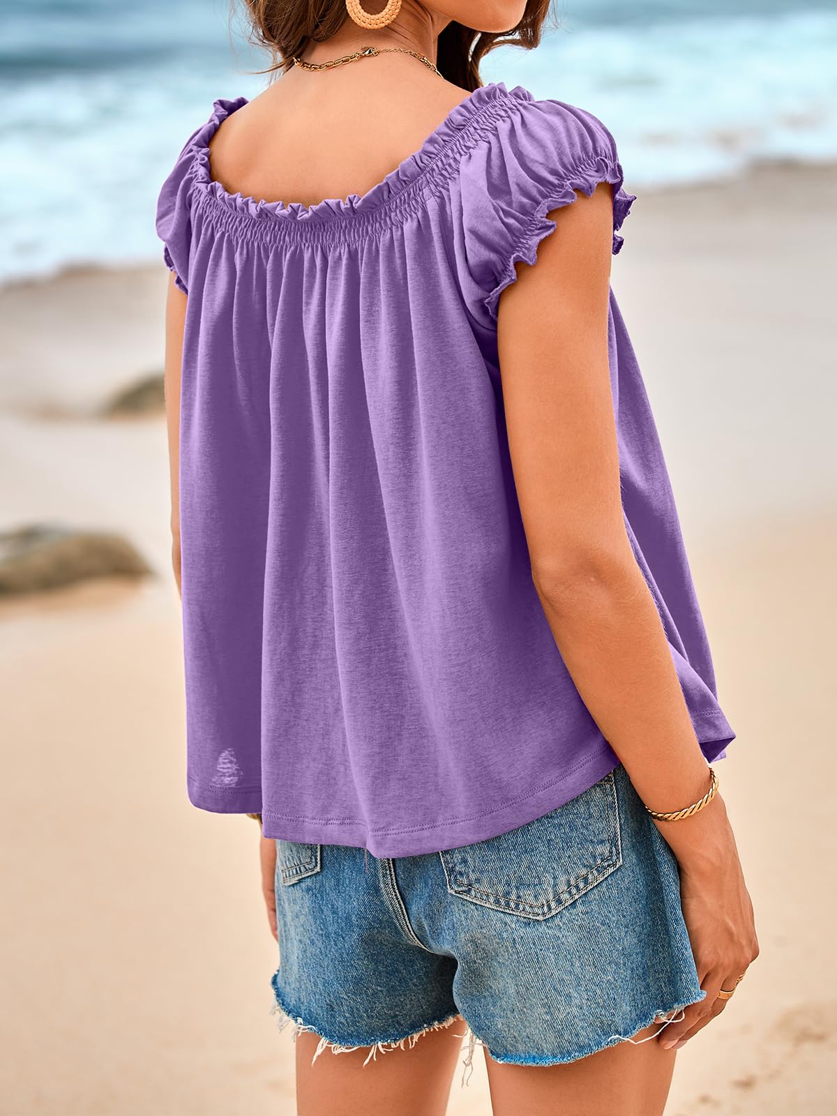 Imily Bela Women Summer Tie Front Tank Tops Cap Sleeve Pleated Babydoll Tops Casual Loose Fit Going Out Flowy Shirt