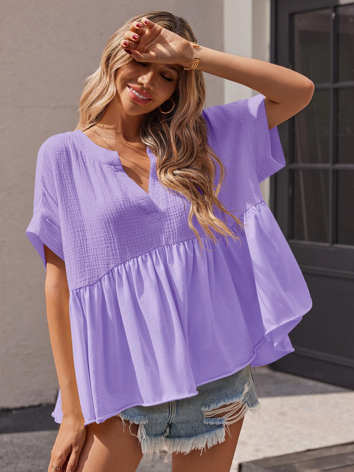 Imily Bela Womens Summer Babydoll Tops V Neck Short Sleeve Pleated Flowy Shirts Casual Loose Fit Peplum Blouse