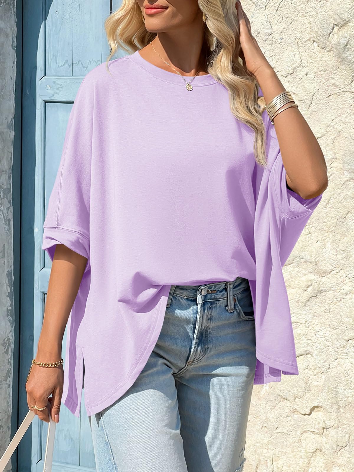 Imily Bela Womens Oversized Tshirts Batwing Short Sleeve Asymmetric Hem Tops Summer Casual Loose Fit Tunic Tee Shirts