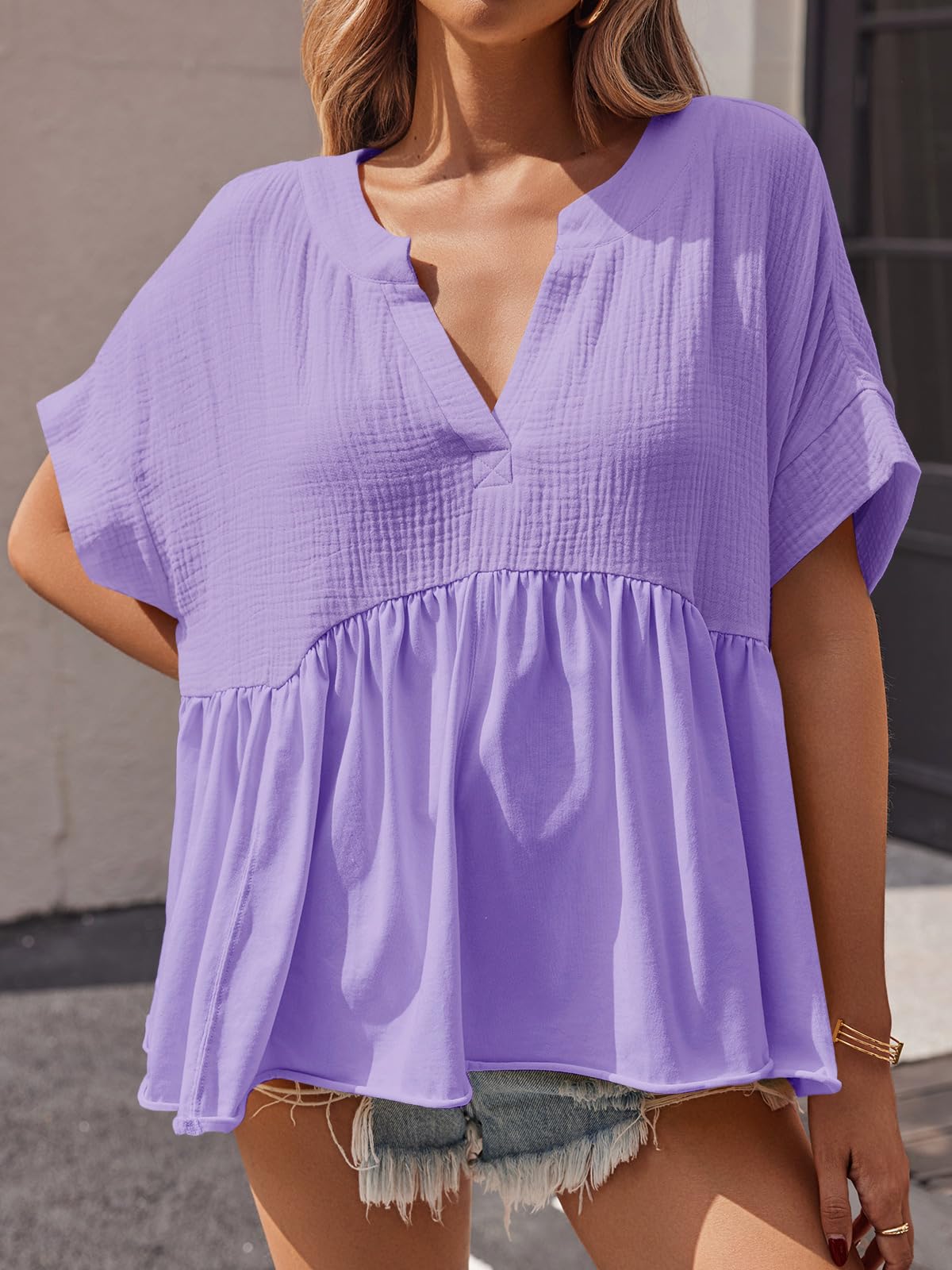 Imily Bela Womens Summer Babydoll Tops V Neck Short Sleeve Pleated Flowy Shirts Casual Loose Fit Peplum Blouse