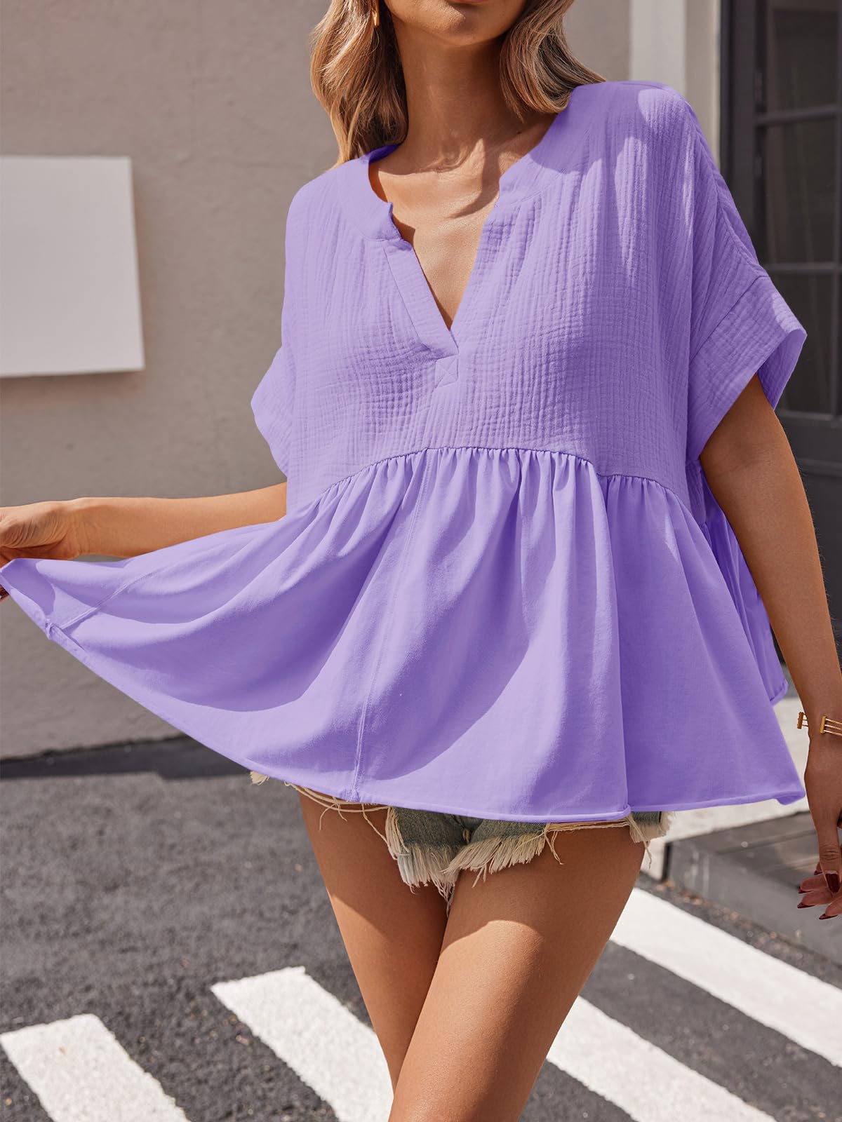 Imily Bela Womens Summer Babydoll Tops V Neck Short Sleeve Pleated Flowy Shirts Casual Loose Fit Peplum Blouse