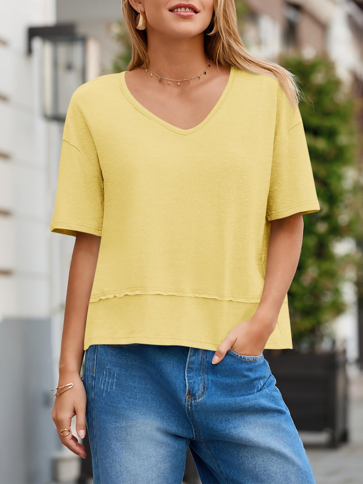 Imily Bela Womens Summer V Neck T Shirts Casual Short Sleeve Flowy Tops Cute Loose Fit Basic Tees
