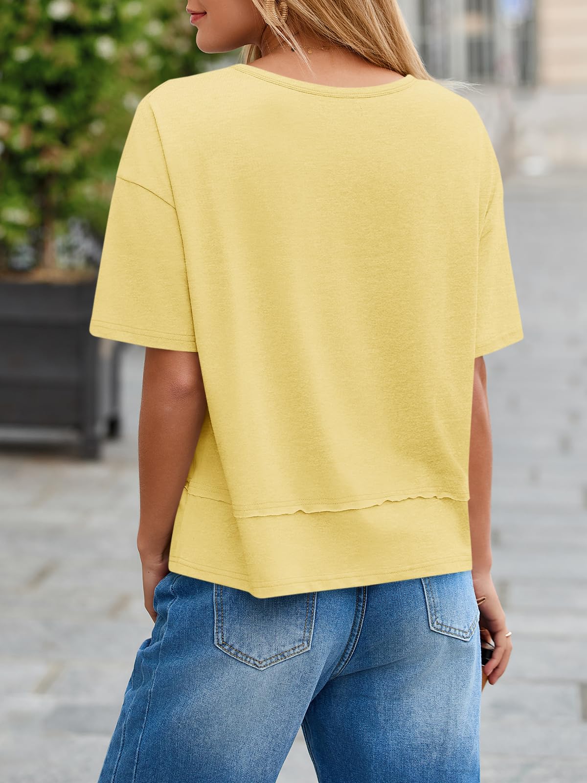 Imily Bela Womens Summer V Neck T Shirts Casual Short Sleeve Flowy Tops Cute Loose Fit Basic Tees