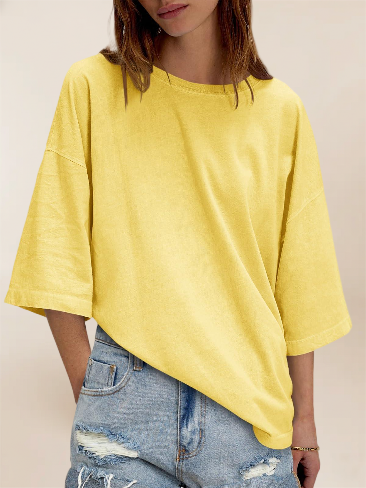Imily Bela Womens Oversized Half Sleeve T-Shirts Summer Casual Crew Neck Tunic Tops Loose Fit Boxy Basic Tees