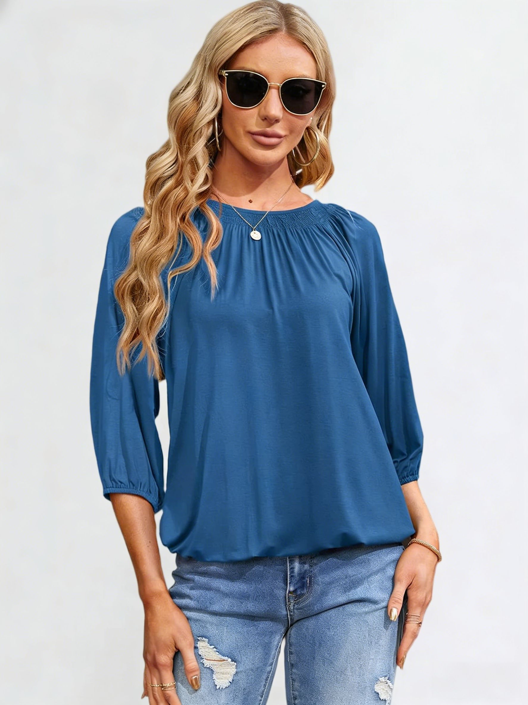 Imily Bela Women's Solid Crew Neck T Shirt Blouse Cotton Half Sleeve 3/4 Sleeve Casual Loose Pleated Basic Tops