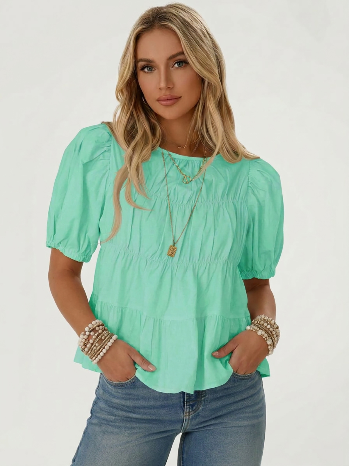 Womens Puff Sleeve Peplum Babydoll Tops Summer Flowy Pleated Cotton T-Shirts Casual Loose Fit Cute Blouse