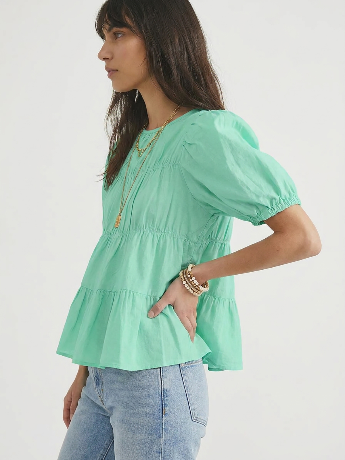 Womens Puff Sleeve Peplum Babydoll Tops Summer Flowy Pleated Cotton T-Shirts Casual Loose Fit Cute Blouse