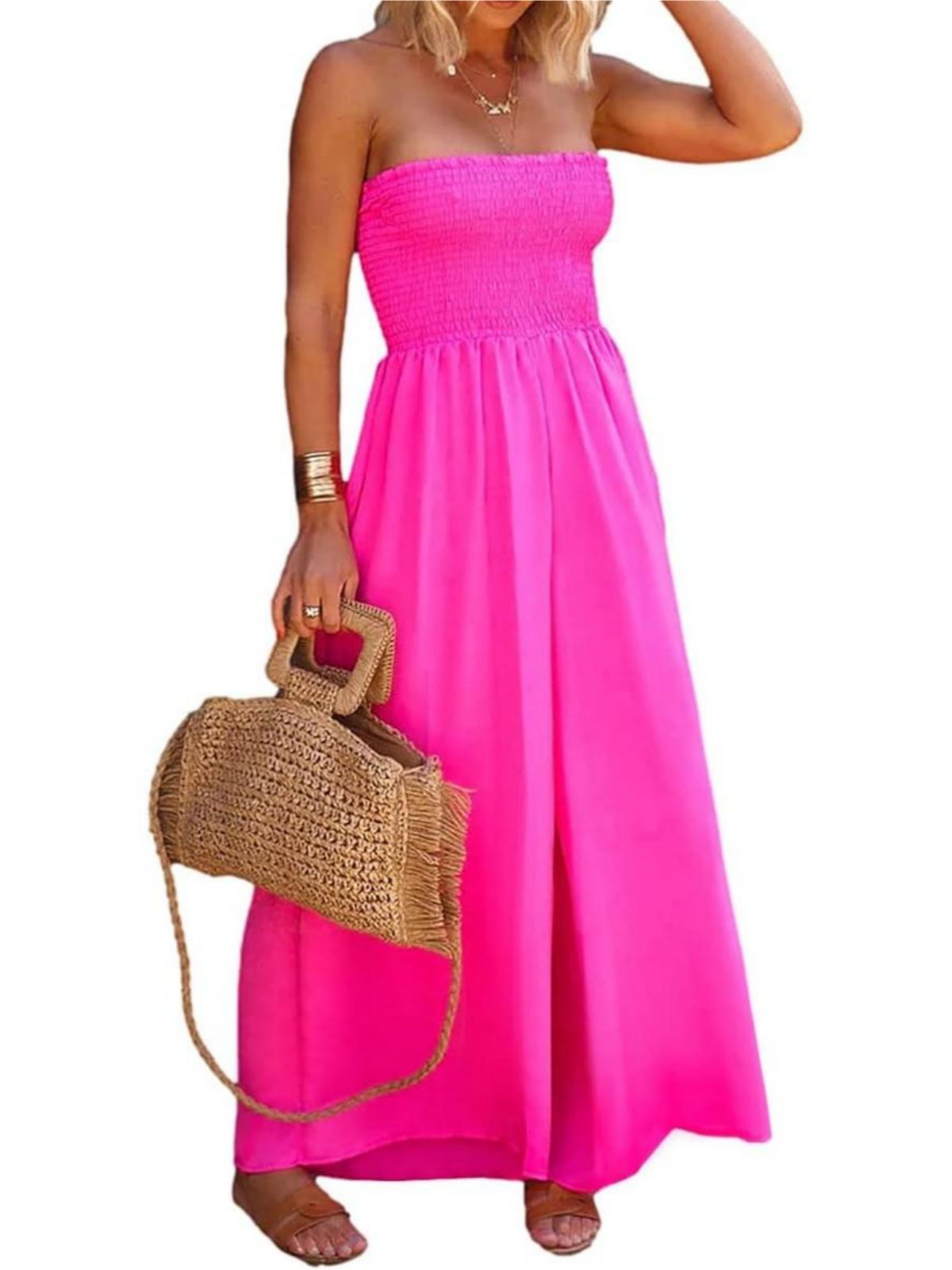 Imily Bela Womens Sleeveless Strapless Wide Leg Jumpsuits Summer Casual Loose Smocked Chiffon Jumpsuit Rompers with Pockets