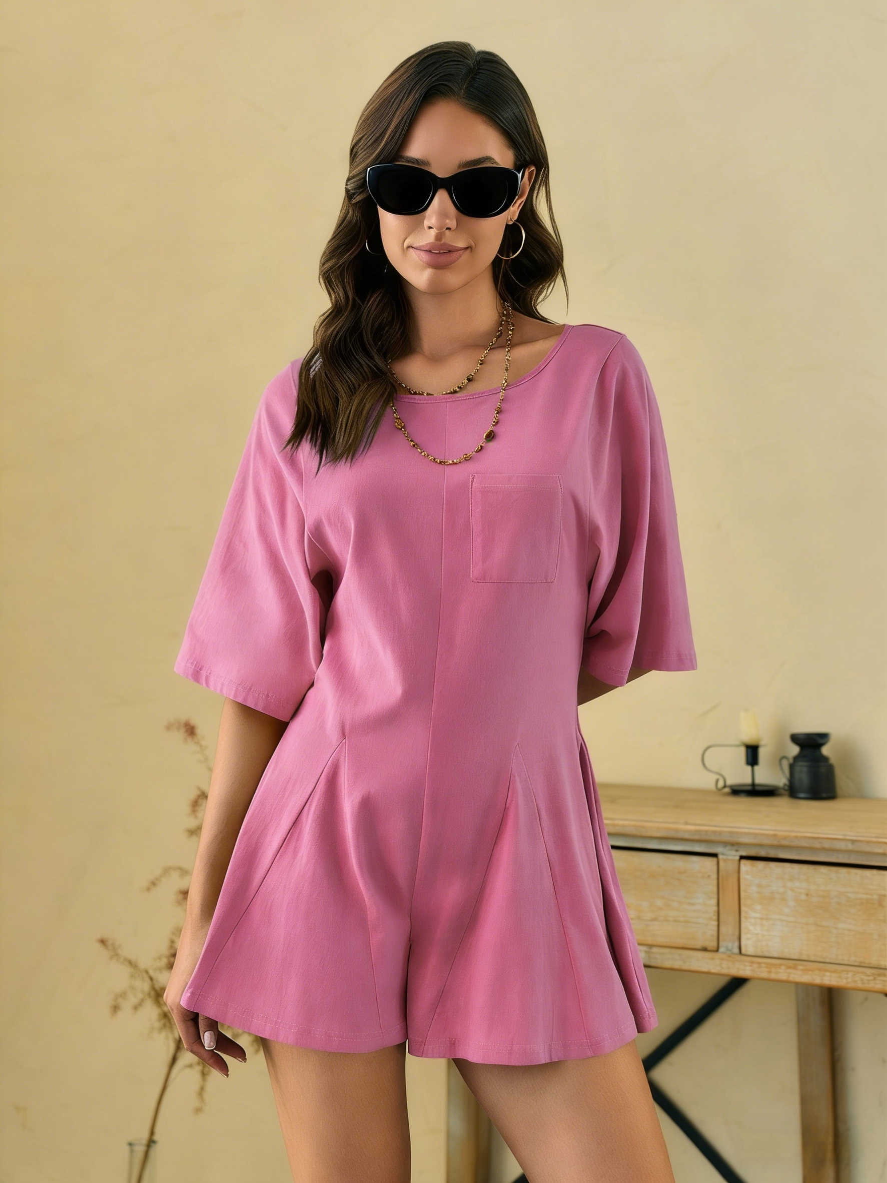 Imily Bela Rompers for Women Summer Outfits Slim Fit Short Sleeve Crew Neck Jumpsuits with Pocket