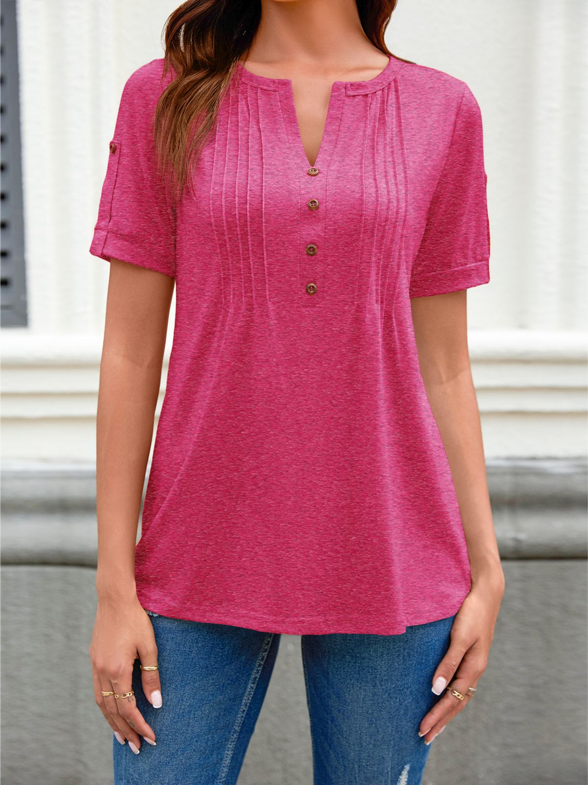 Imily Bela Women's Zipper Summer Pleated Button Short Sleeve T-Shirt Summer V-Neck Solid Color Casual top