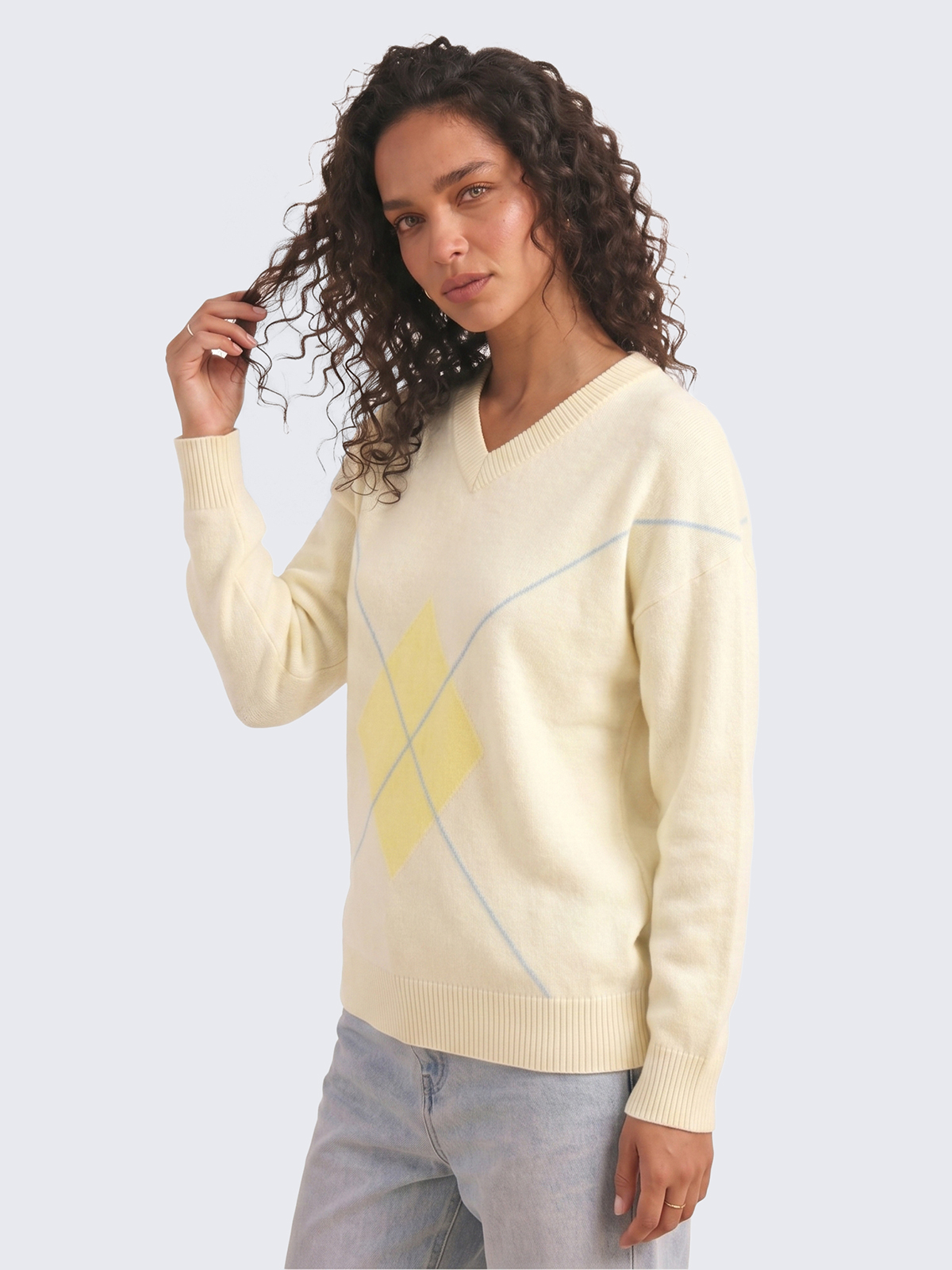 Imily Bela Argyle Drop-Shoulder V-Neck Sweater